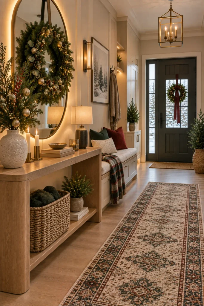 Festive winter entryway with evergreen wreath, subtle string lights, seasonal branches, decorative basket, cozy runner, modern console, mirror, and warm lighting.