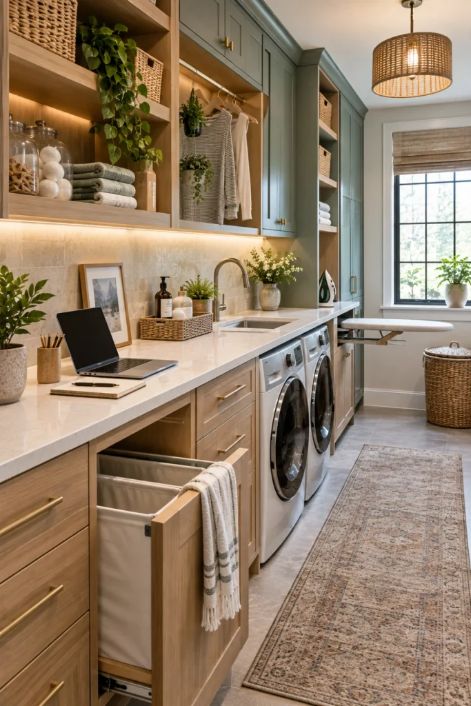 Modern multifunctional laundry room with a spacious work counter for folding and ironing, integrated storage, laptop workspace, stacked appliances, task lighting, and stylish contemporary finishes.