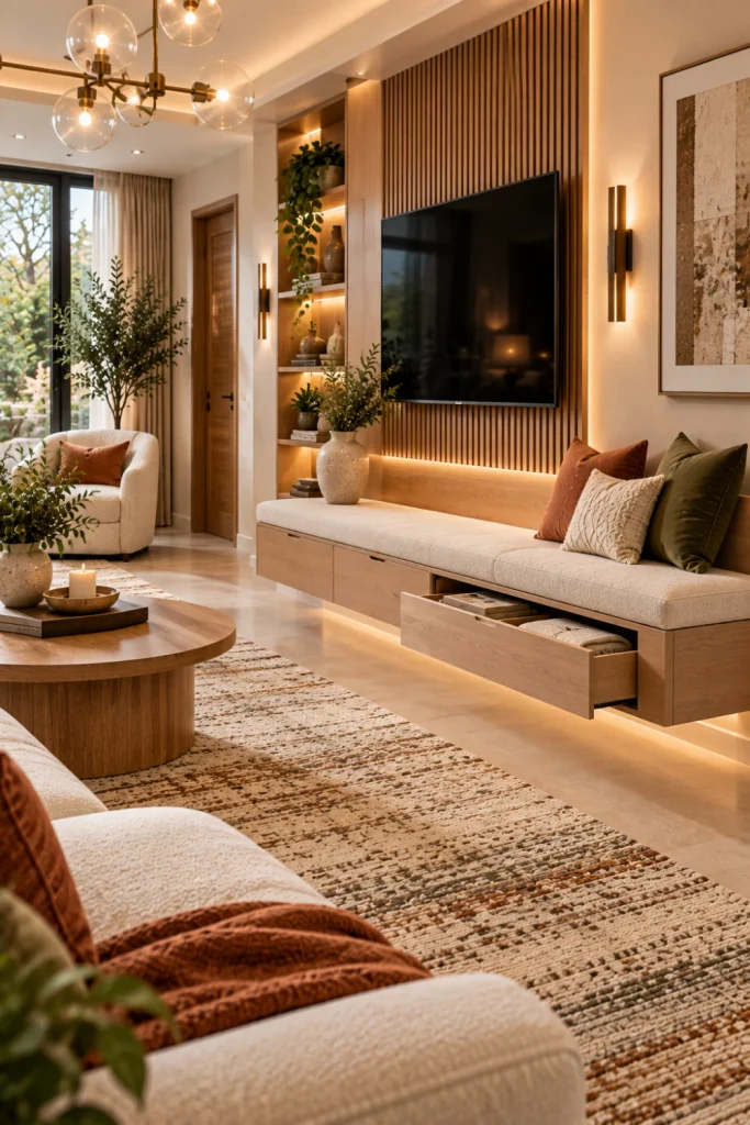 Contemporary living room featuring a floating cream bench with integrated drawers, illuminated wood cabinetry, wall-mounted TV, sculptural furniture, and a clean textured rug.