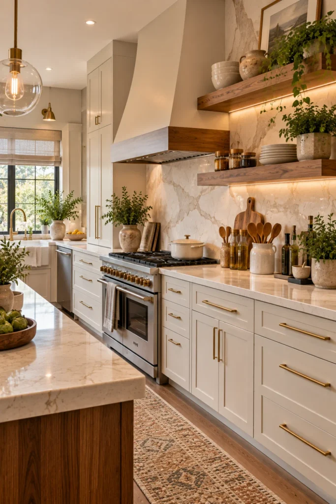 Floating wood shelves positioned beside a modern kitchen range, displaying everyday ceramics and cooking essentials, beside a sleek range hood, stone backsplash, and contemporary cabinetry.
