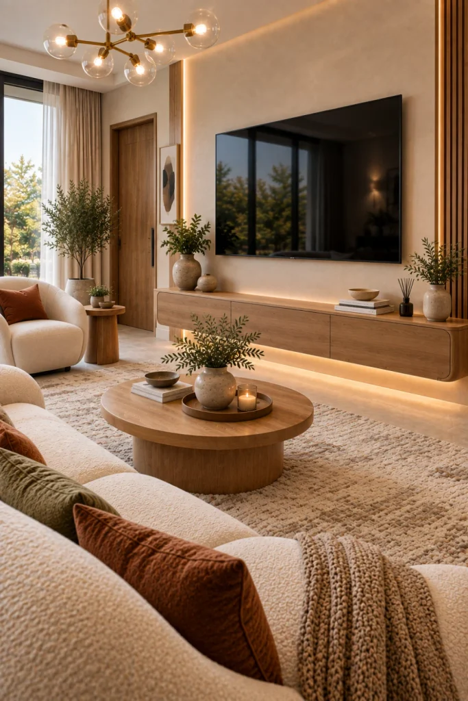 Contemporary minimalist living room with a wall-mounted television above a long floating console, warm off-white architectural wall, cream curved sofa, oak coffee table, soft textured rug, subtle LED lighting, modern chandelier, and understated luxury decor.