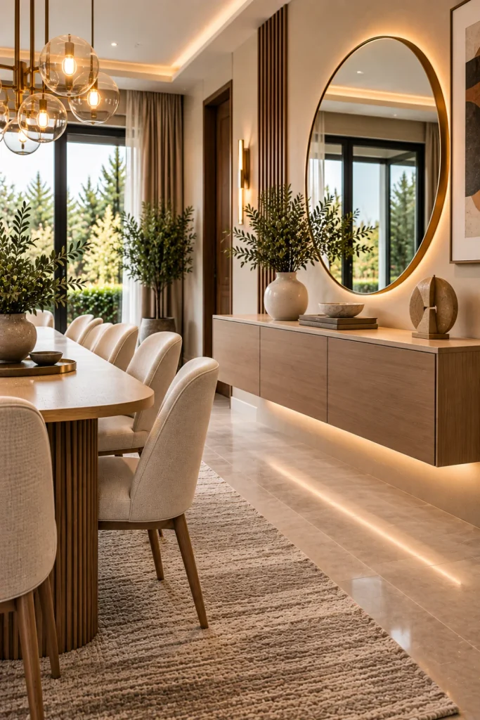 Floating wall-mounted sideboard in a sleek modern dining room with open floor space, contemporary decor, elegant lighting, mirror, and neutral luxury styling.