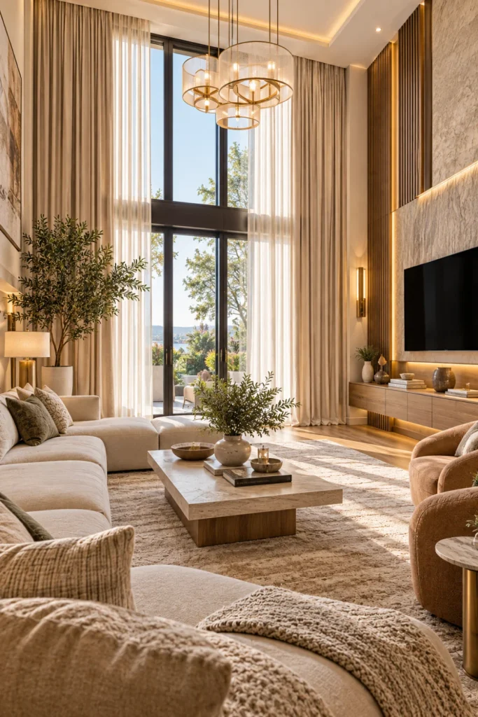 Luxurious modern living room with floor-to-ceiling ivory curtains, tall windows, elegant furniture, warm lighting, textured rug, and sophisticated contemporary décor.