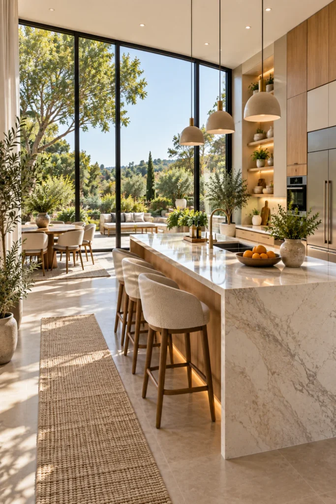 Bright luxury kitchen with a floor-to-ceiling glass window, warm neutral cabinetry, a natural wood island, contemporary lighting, minimalist decor, and expansive outdoor views.