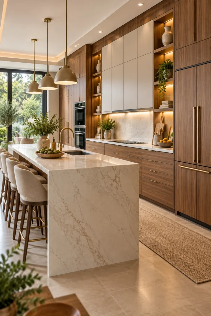 Floor-to-ceiling modern kitchen storage cabinets in a luxurious contemporary kitchen with warm wood, sleek lighting, and organized storage.