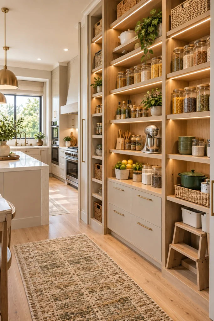 Floor-to-ceiling open pantry with full-height shelves, organized dry goods, cookware, baskets, appliances, warm lighting, and contemporary kitchen design.