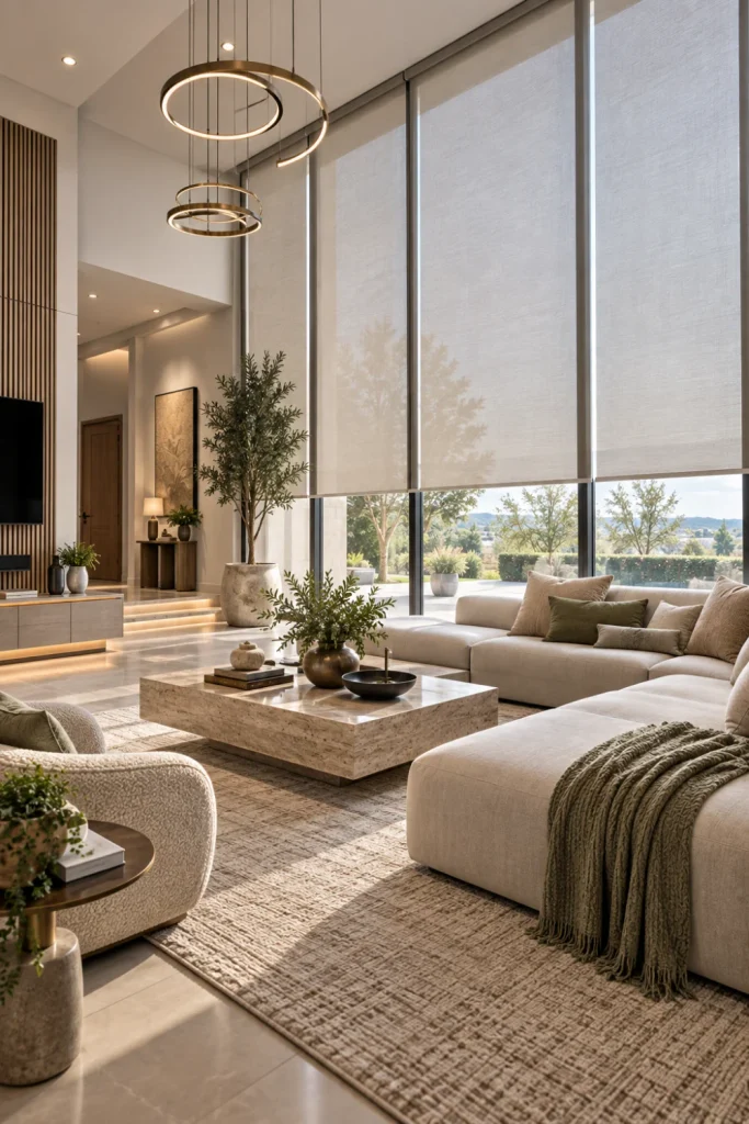 Floor-to-ceiling roller shades emphasizing tall windows in a spacious contemporary living room with luxury furniture, warm natural colors, and modern lighting.