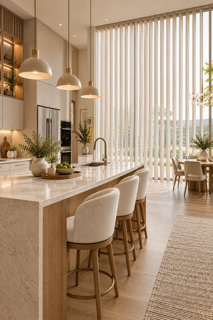 Luxury contemporary kitchen with dramatic floor-to-ceiling vertical blinds extending across tall windows, modern cream cabinetry, a large oak island, stone countertops, layered lighting, and sophisticated neutral décor.