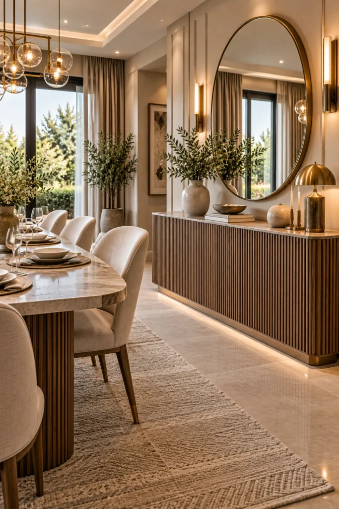 Fluted modern dining room sideboard with vertical architectural texture, elegant mirror, warm lighting, contemporary furniture, and upscale decor.