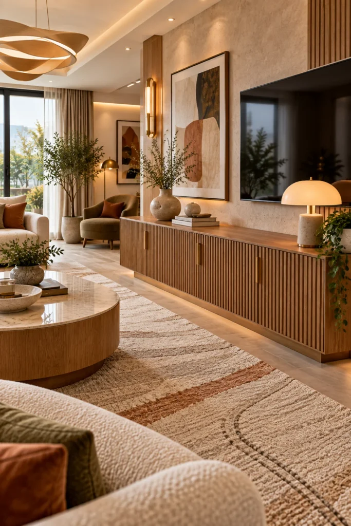 Fluted wood console cabinet with warm oak texture, neutral sofa, contemporary lighting, layered décor, and luxurious modern living room styling.