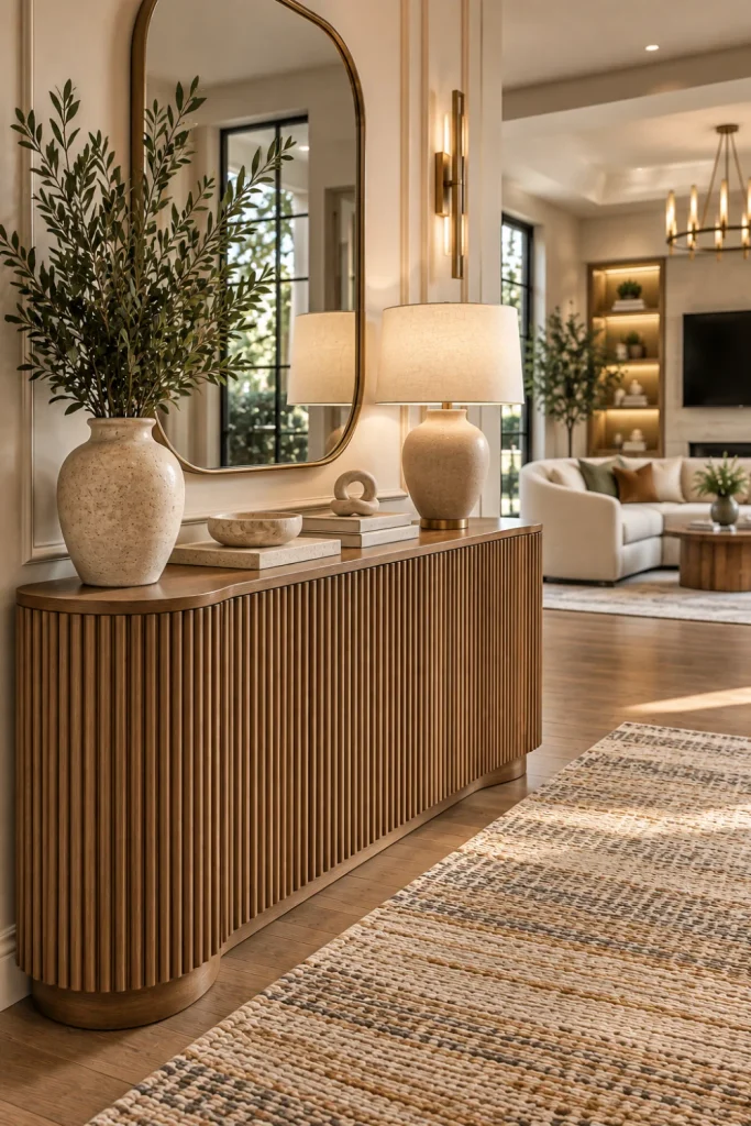 Fluted wood console table with sculptural contemporary design, curved decor, textured rug, statement mirror, warm lighting, and elegant modern foyer styling.