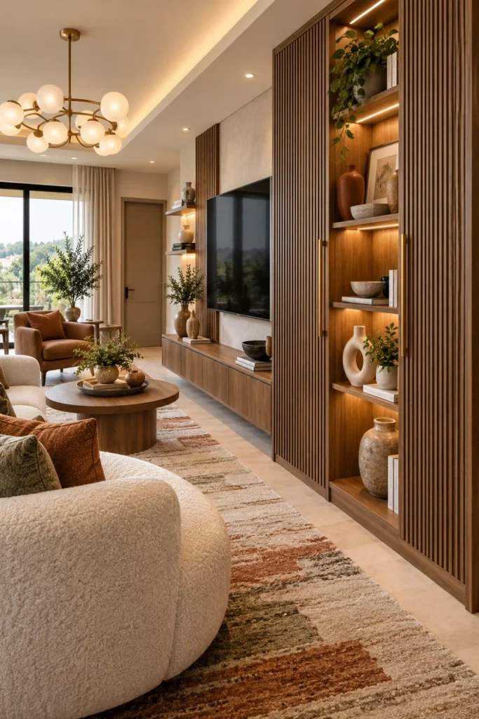 Fluted walnut and oak display cabinet with textured doors, books, ceramics, and decor in a sophisticated modern living room with cream seating, warm lighting, contemporary rug, and wall-mounted TV.