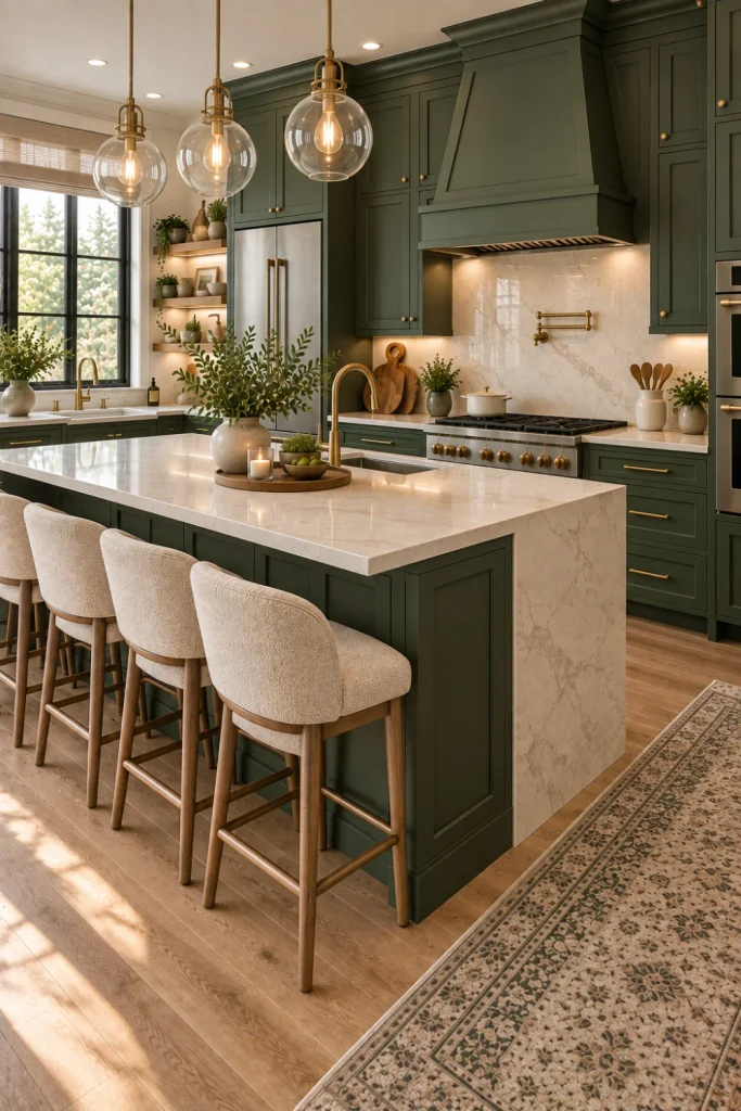Forest green painted kitchen cabinets with cream counters, warm oak accents, brass hardware, natural textures, modern pendant lighting, and luxury contemporary decor.