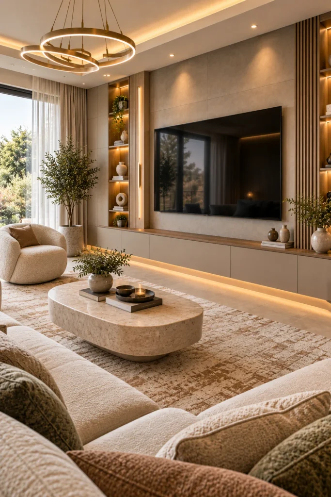 Frameless smart TV integrated into a sleek modern entertainment wall with concealed storage, soft lighting, neutral finishes, and luxury contemporary décor.