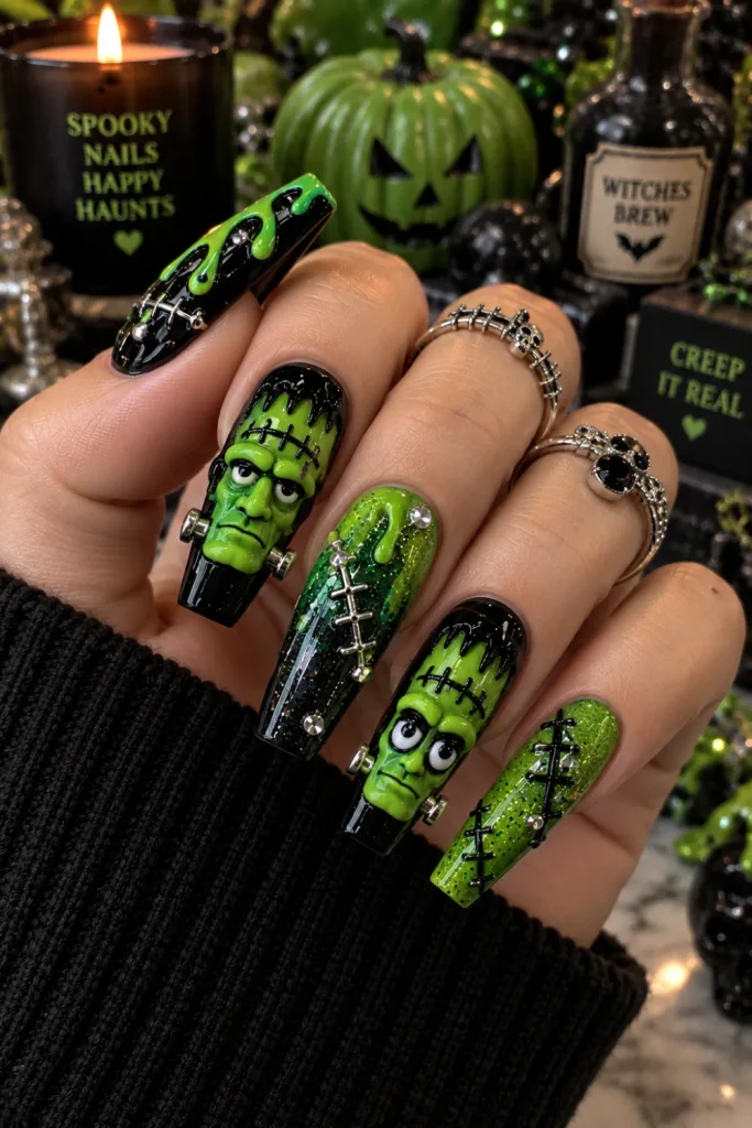 Frankenstein green chunky Halloween nails with raised character details, black stitching, glossy green polish, metallic accents, and 3D spooky nail art.