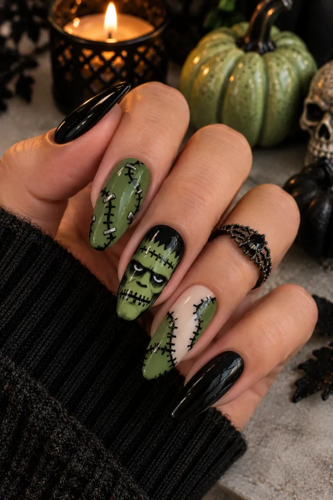 Modern Frankenstein stitch accent Halloween nails with sage green, black, and glossy neutral details for a chic 2026 manicure.