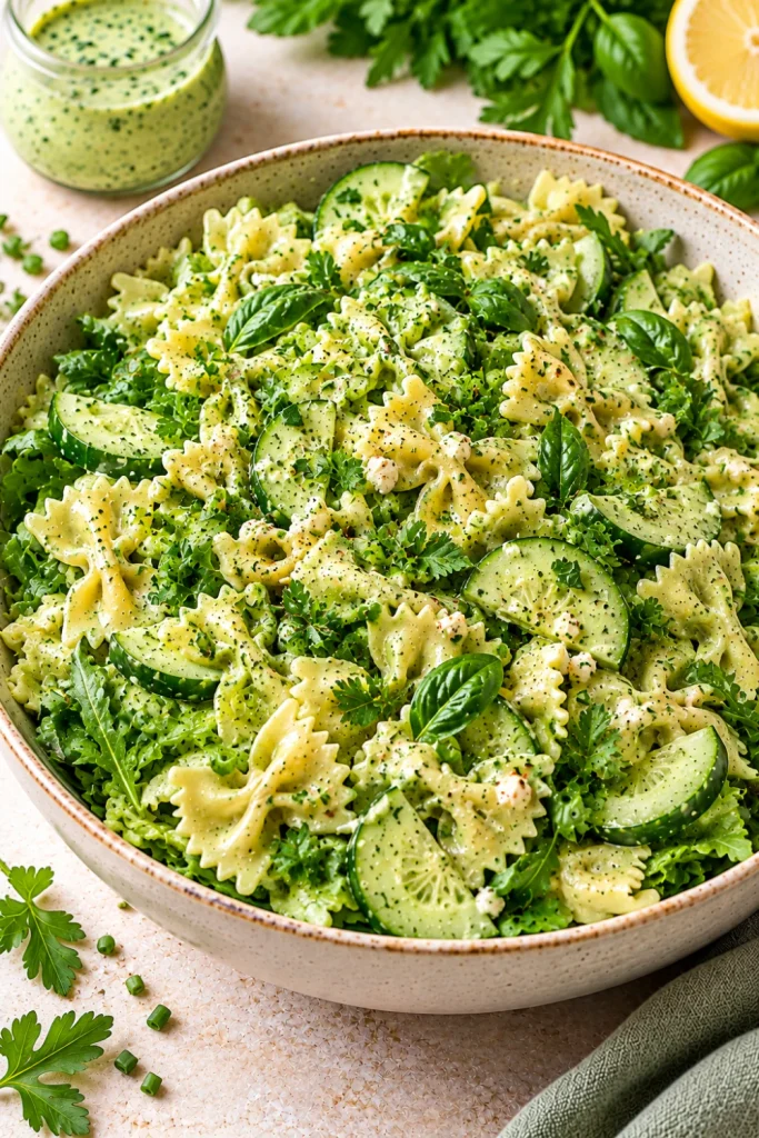 Fresh green goddess pasta salad with cucumber, leafy greens, scallions, fresh herbs, and creamy green goddess dressing in a vibrant modern bowl.