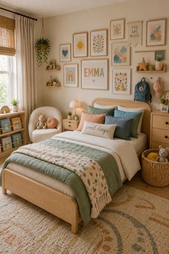 Fresh, modern kids’ room with personalized artwork, layered bedding, natural wood furniture, sage and warm pastel accents, and contemporary 2026 decor.