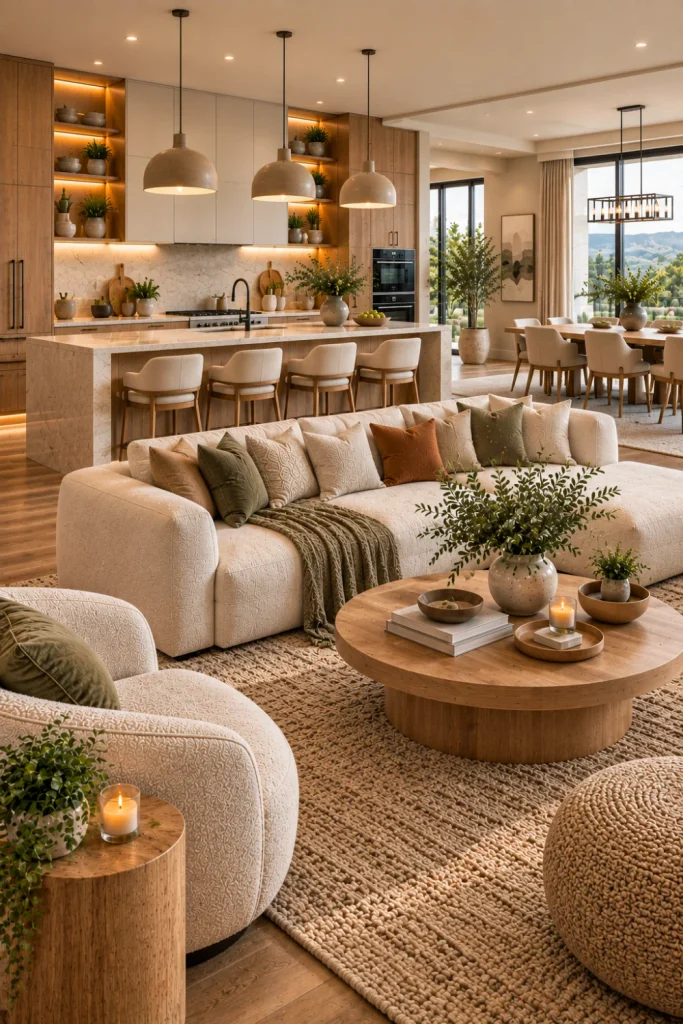 Fresh modern open-concept kitchen and living room update with sleek cabinetry, contemporary island, cozy cream seating, natural textures, upgraded lighting, modern accessories, and warm wood accents.