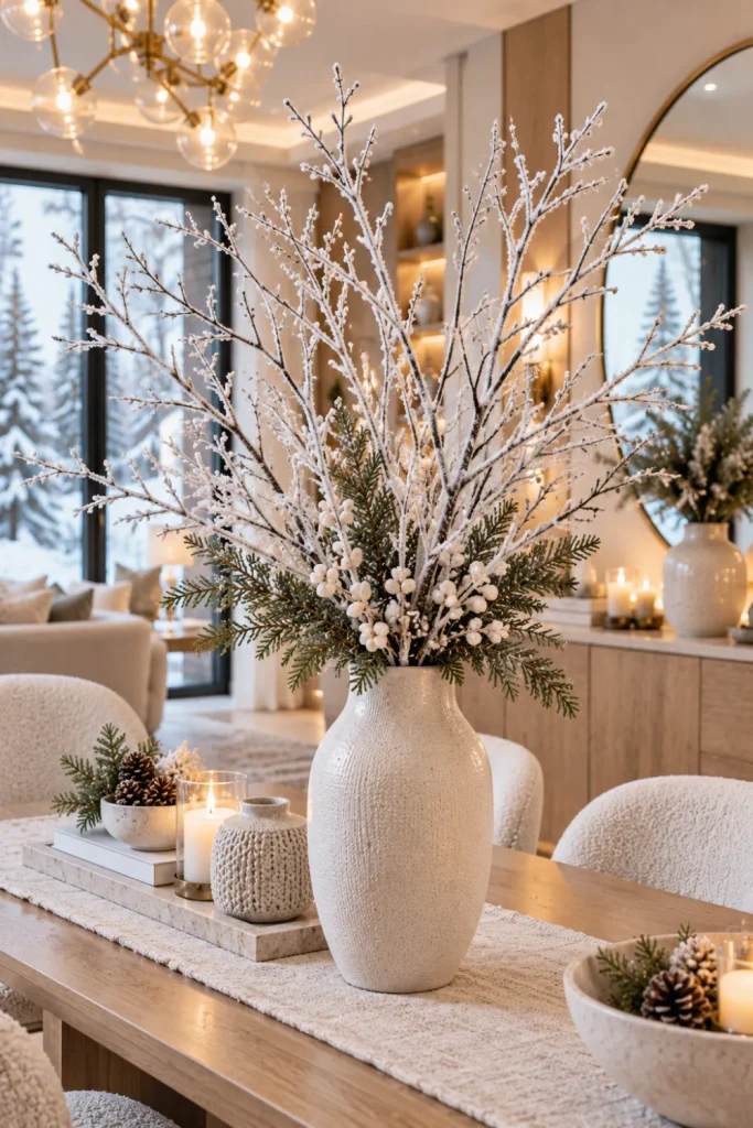 Frosted branch winter centerpiece in a modern ceramic vase with subtle greenery, warm lighting, and contemporary 2026 dining decor.