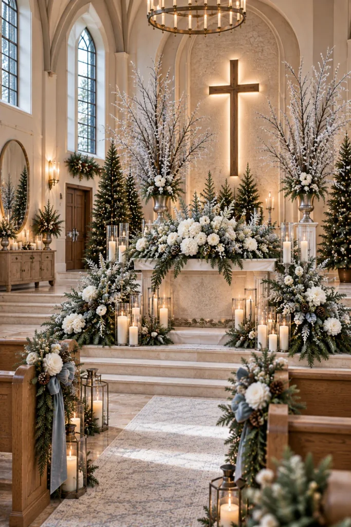 Elegant winter church altar decorated with frosted branches, white flowers, evergreen greenery, candles, and modern 2026 sanctuary styling.