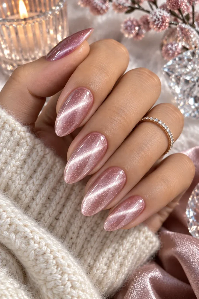 Frosted pink cat-eye winter nails with a soft pearl glow, glossy almond shape, delicate magnetic shimmer, and chic luxury styling.