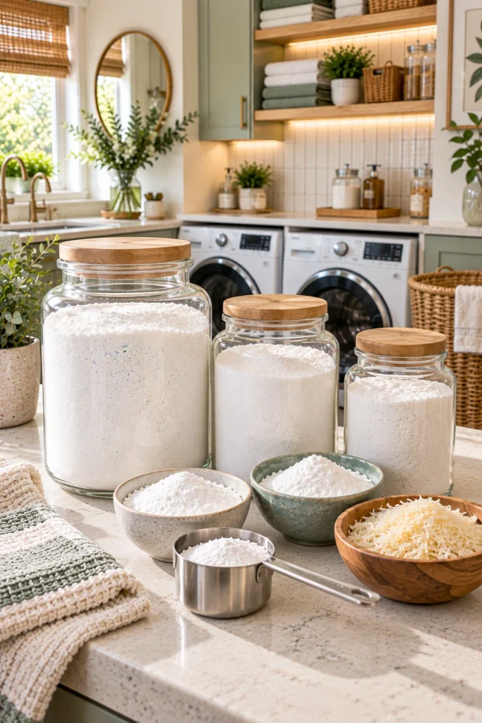 Large organized batch of homemade laundry powder in several airtight containers with a measuring scoop, baking soda, washing soda, and modern family laundry room storage.