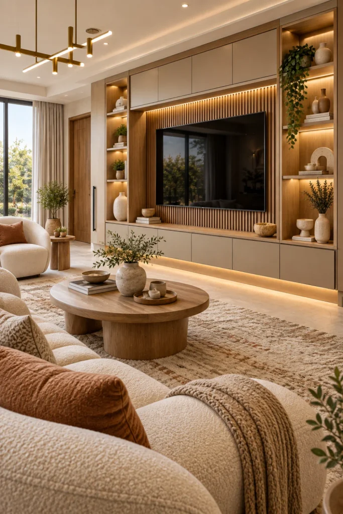 Luxury modern living room with a full built-in TV media wall featuring a centered wall-mounted television, floor-to-ceiling oak cabinetry, concealed storage, open display niches, warm LED lighting, cream seating, neutral rug, and contemporary decor.