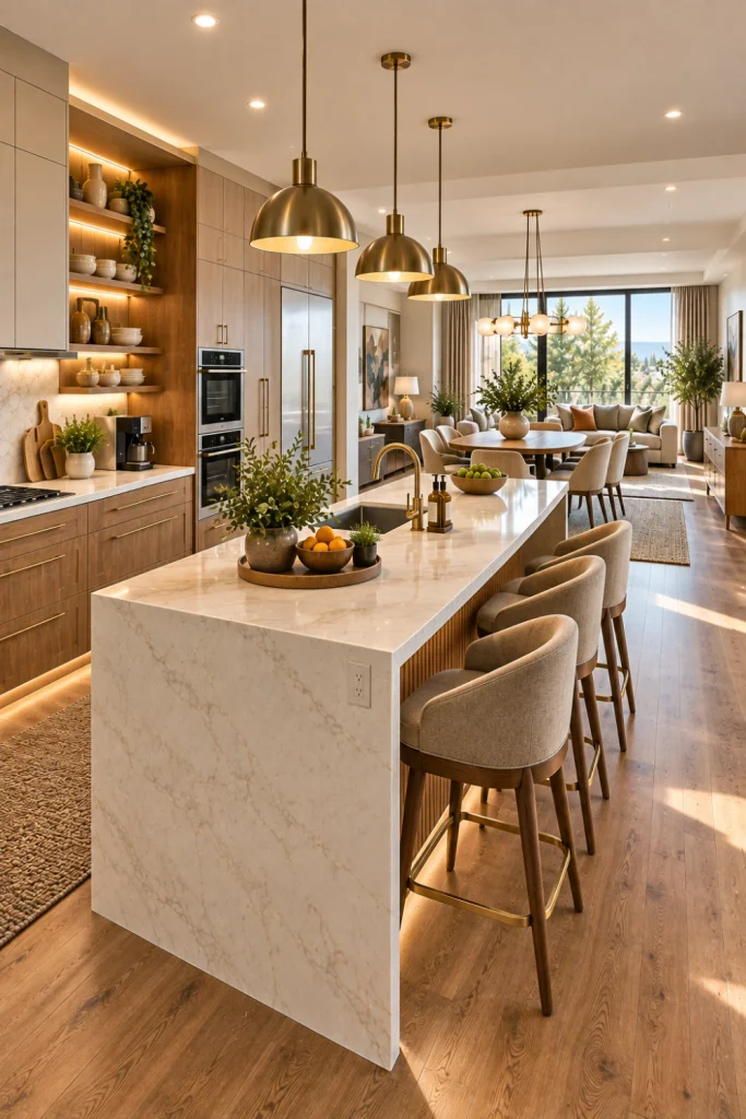 Functional modern open kitchen designed for everyday living with organized storage, multifunctional island, dining connection, warm lighting, and luxury contemporary interiors.