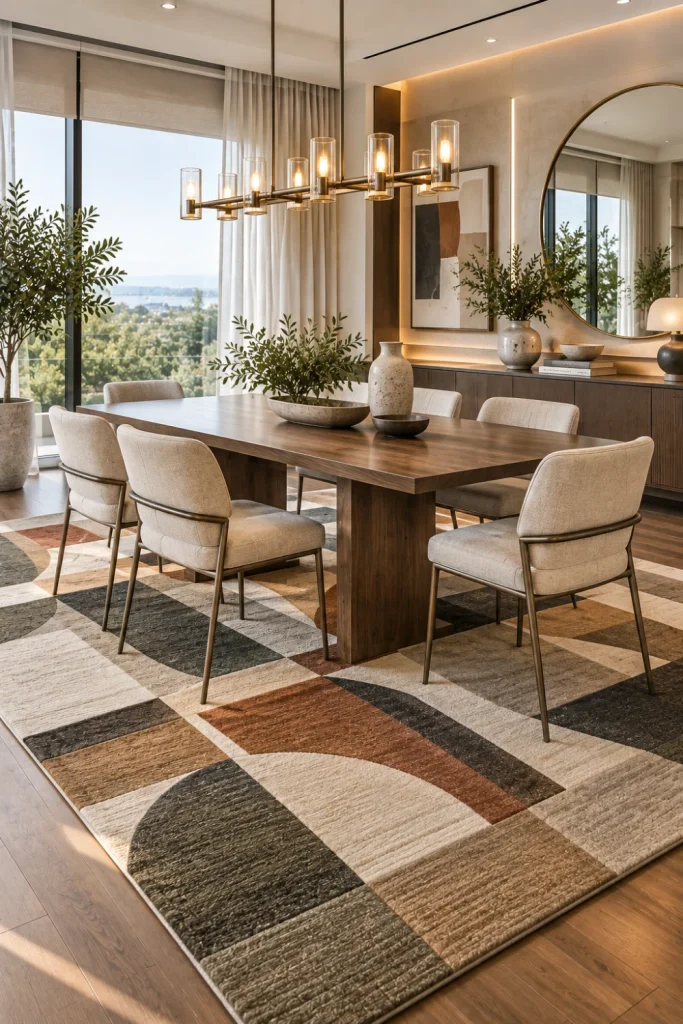 Contemporary dining room featuring a bold geometric rug, modern dining chairs, sculptural chandelier, and stylish luxury decor.