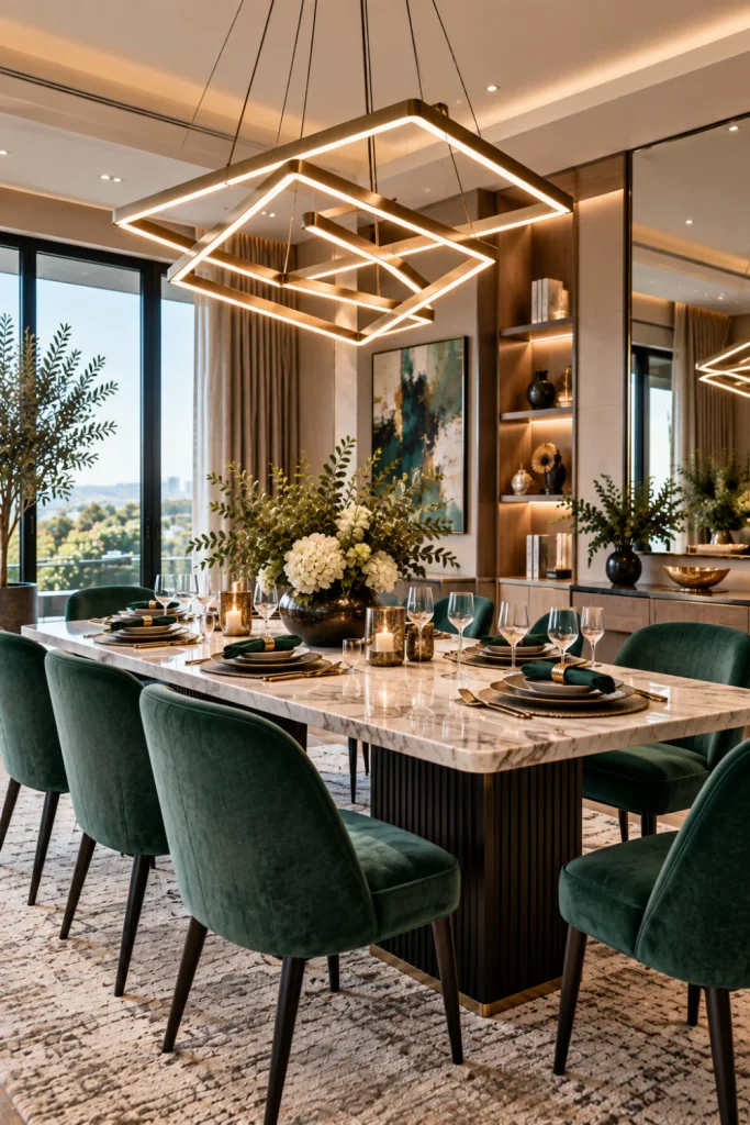 Sculptural geometric LED chandelier above a stylish contemporary dining room with modern furniture, marble surfaces and artistic décor