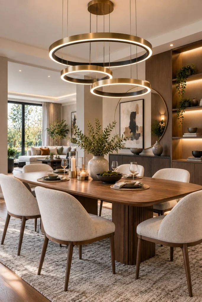 Geometric ring chandelier above a sophisticated modern dining room with a walnut table, upholstered chairs, a neutral rug, contemporary cabinetry, and elegant layered lighting.