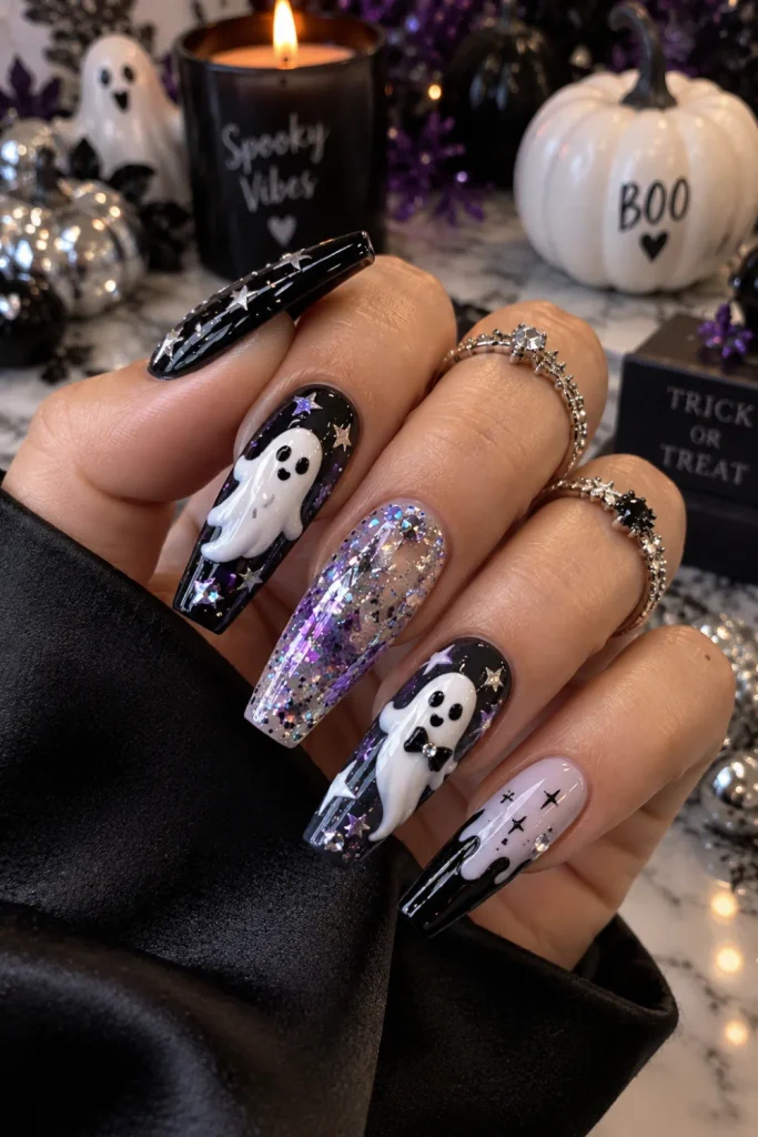 Cute ghost and glitter chunky Halloween nails with dimensional white ghosts, sparkle, rhinestones, and glossy black accents.