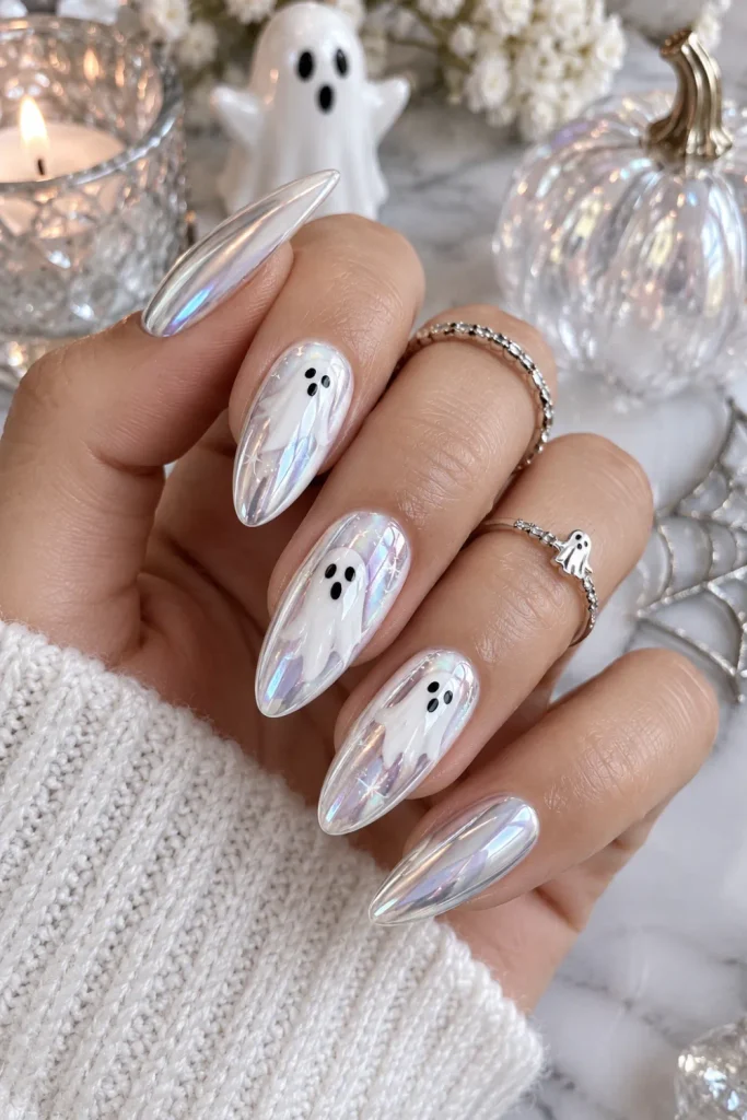 Ghostly white chrome Halloween nails with tiny cute spirit accents, a glossy futuristic finish, and elegant 2026 Pinterest styling.
