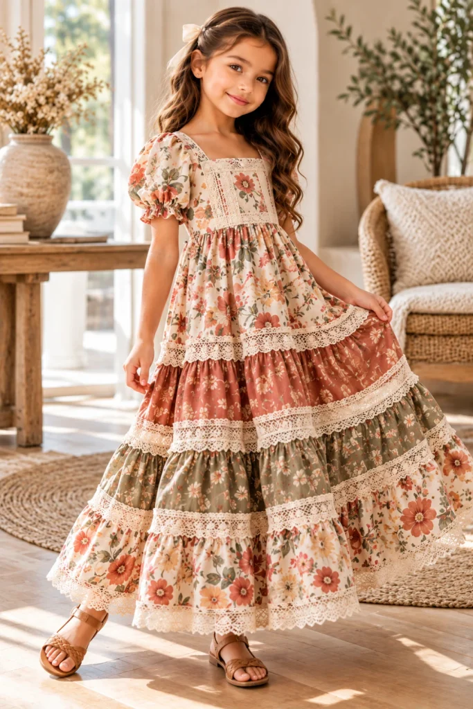 Girls' tiered maxi dress sewing ideas showing a breezy boho maxi with lace trim, flowing tiers, and a modern neutral floral palette.