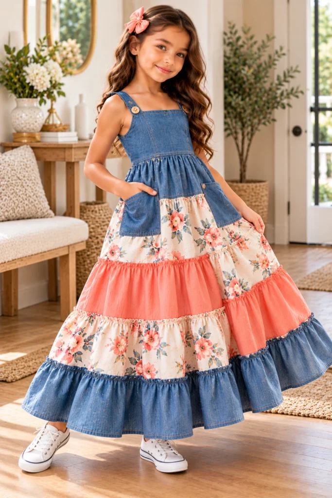 Girls' Tiered Maxi Dress Sewing Ideas featuring a contemporary denim-mix tiered maxi dress with soft fabric panels, pockets, and modern casual styling.