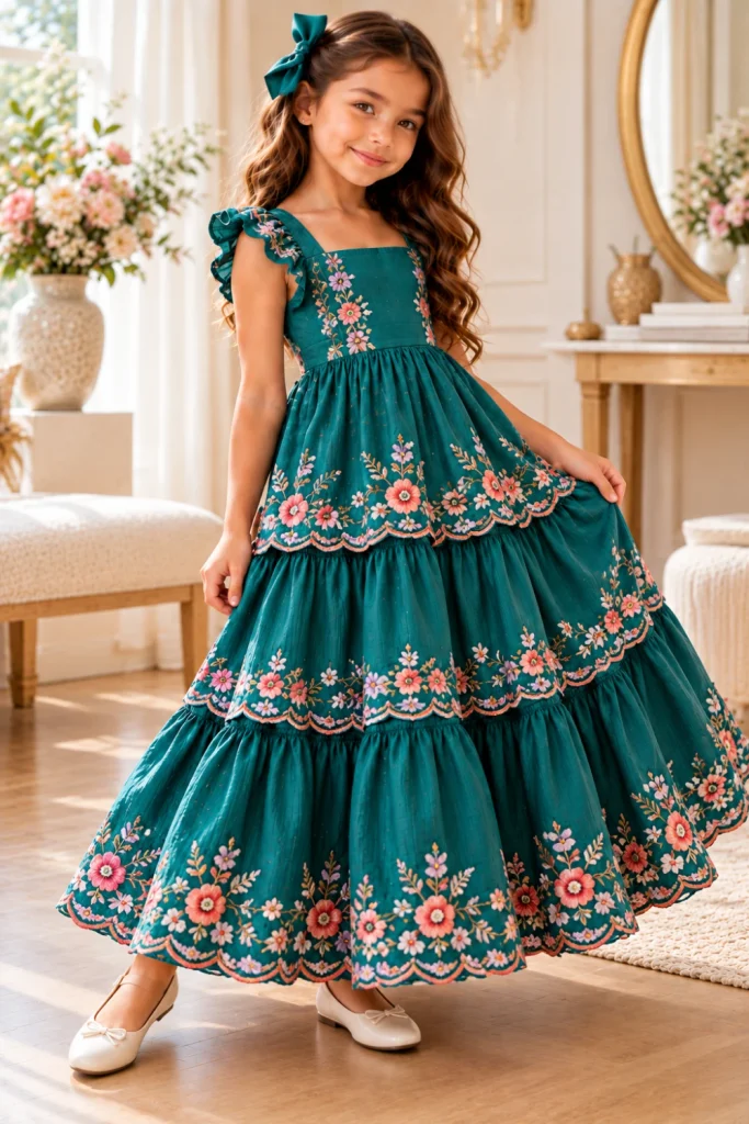 Girls' Tiered Maxi Dress Sewing Ideas featuring a beautifully embroidered tiered maxi dress with delicate floral stitching and flowing layers.