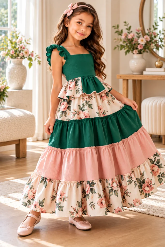 Girls' tiered maxi dress sewing ideas featuring a refined peplum-bodice maxi with a defined waist and softly gathered flowing tiers.