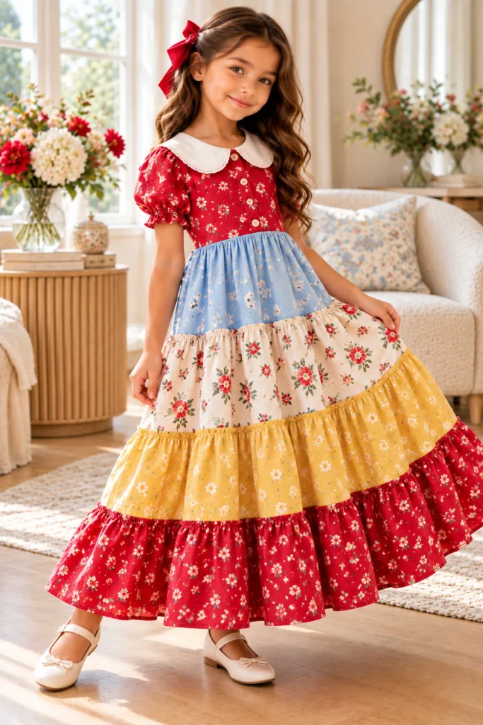 Girls' Tiered Maxi Dress Sewing Ideas featuring a modern Peter Pan collar maxi dress with a softly gathered tiered skirt and elegant pastel colors.