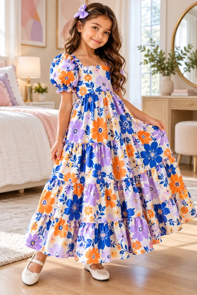 Girls' tiered maxi dress sewing ideas with a modern puff-sleeve tiered maxi dress, gathered bodice, and flowing colorful skirt.