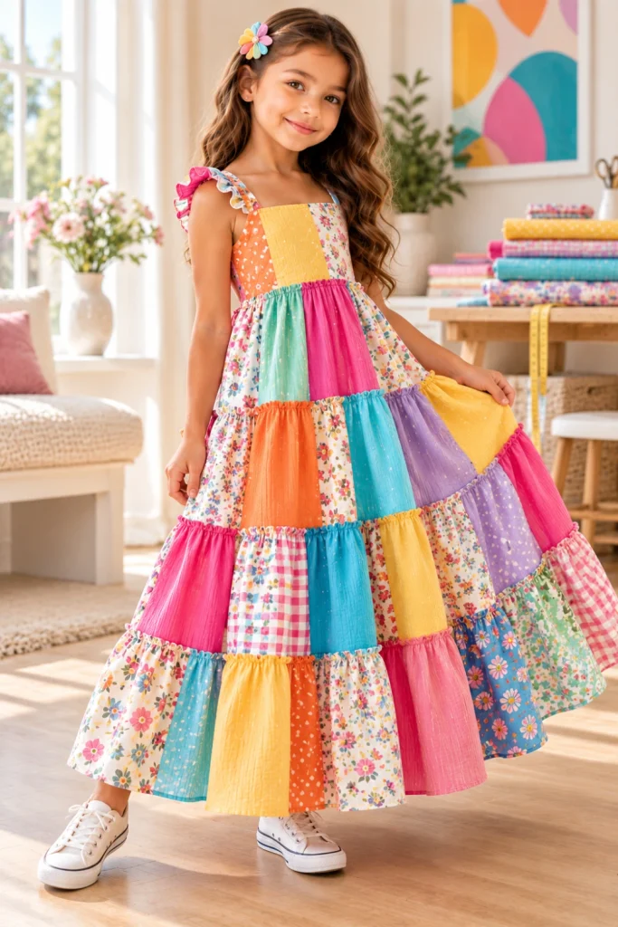 Girls' tiered maxi dress sewing ideas featuring a colorful rainbow patchwork maxi with coordinated fabric panels and flowing tiers.