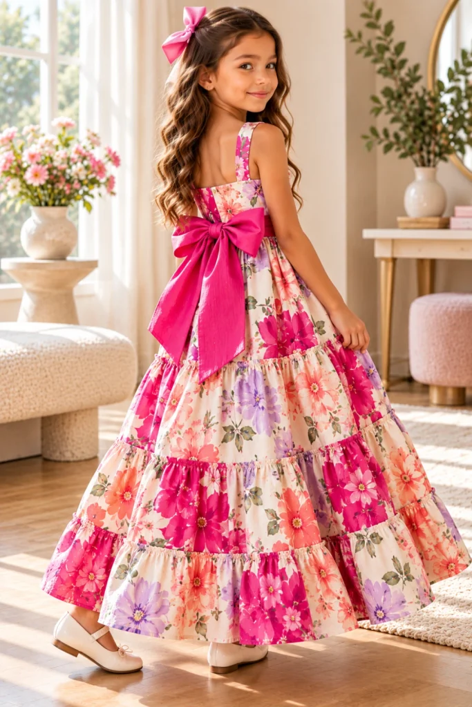 Girls' Tiered Maxi Dress Sewing Ideas featuring a modern sleeveless bow-back tiered maxi dress with a flowing gathered skirt and oversized back bow.