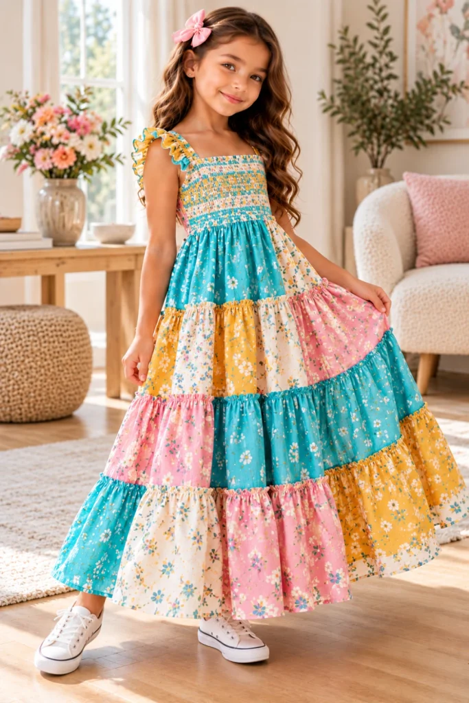 Girls' Tiered Maxi Dress Sewing Ideas featuring a comfortable smocked bodice and generous flowing tiers in a colorful, modern, handmade design.
