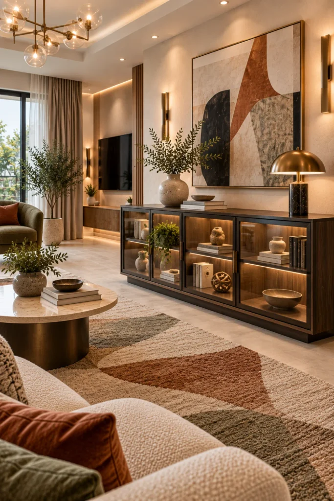 Glass-door console cabinet displaying curated ceramics and books in an elegant modern living room with warm lighting and contemporary luxury furniture.
