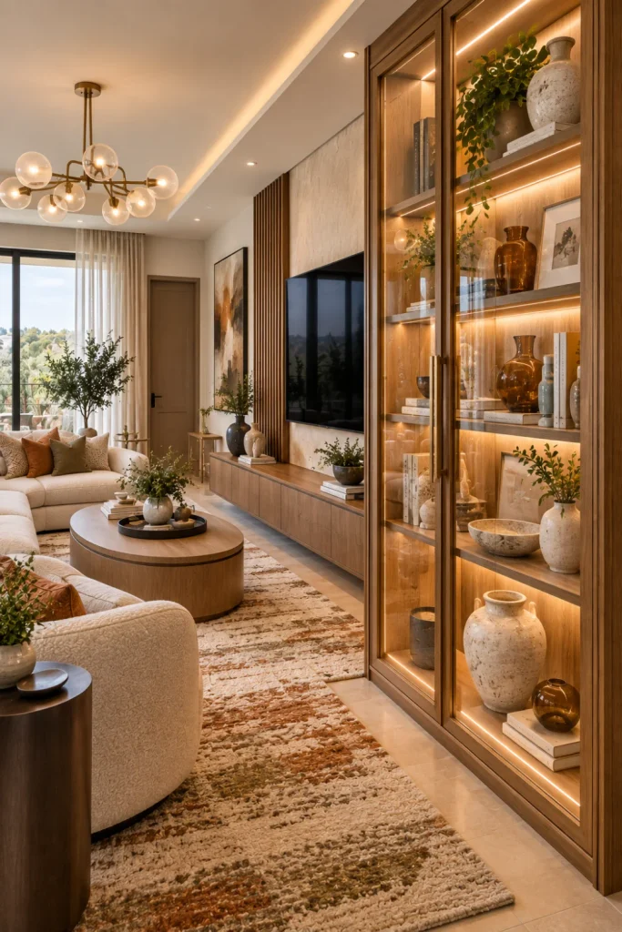 Glass-door display cabinet showcasing books, ceramics, glassware, and collectibles beside a cream sofa and wall-mounted TV in an airy upscale modern living room with natural light.