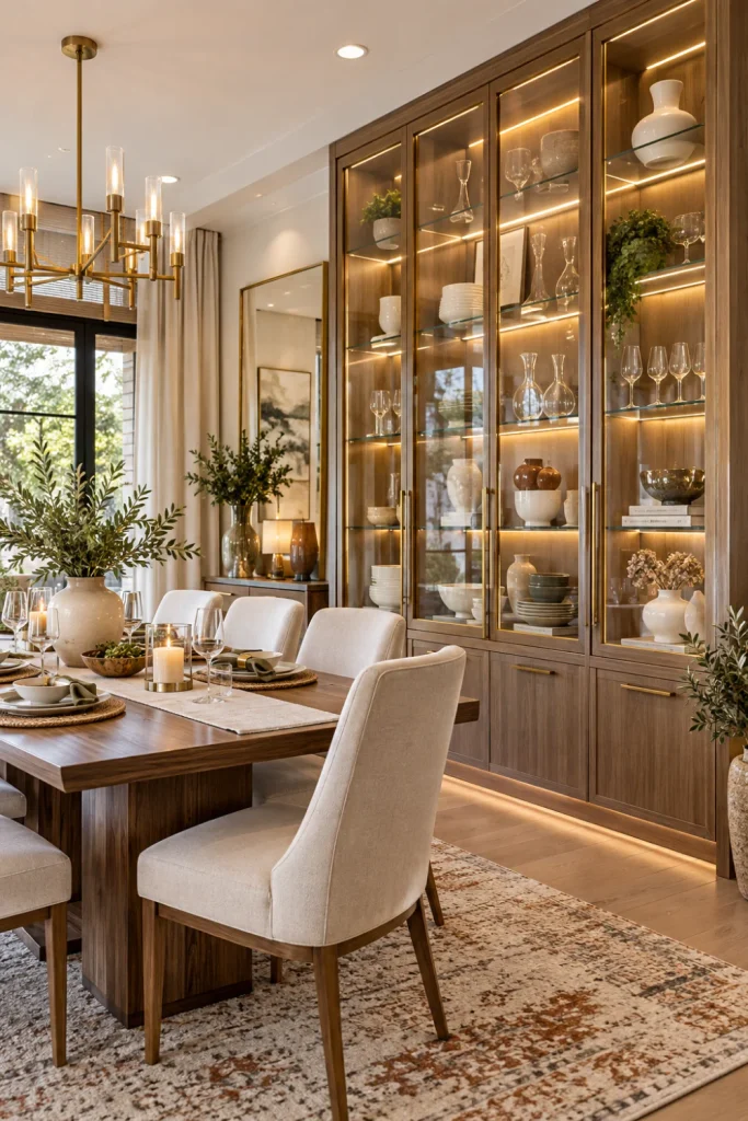 Glass-front modern dining room display cabinet with illuminated glassware, warm wood accents, elegant chandelier, contemporary rug, and luxury neutral decor.