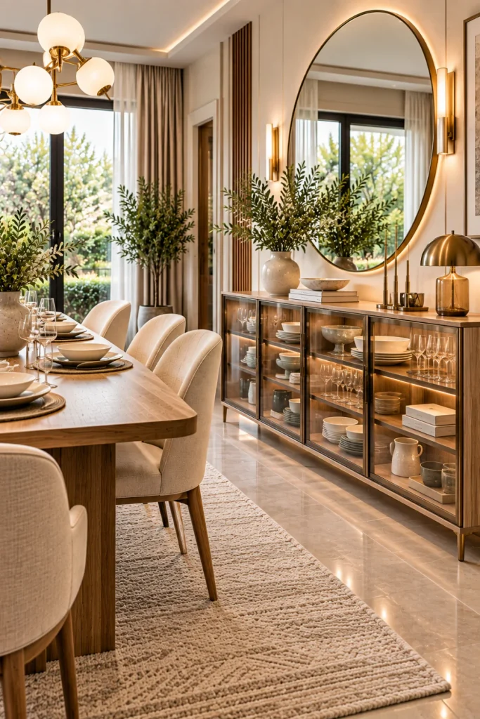 Glass-front modern dining room sideboard displaying elegant dinnerware in an airy luxury dining space with contemporary lighting and decor.