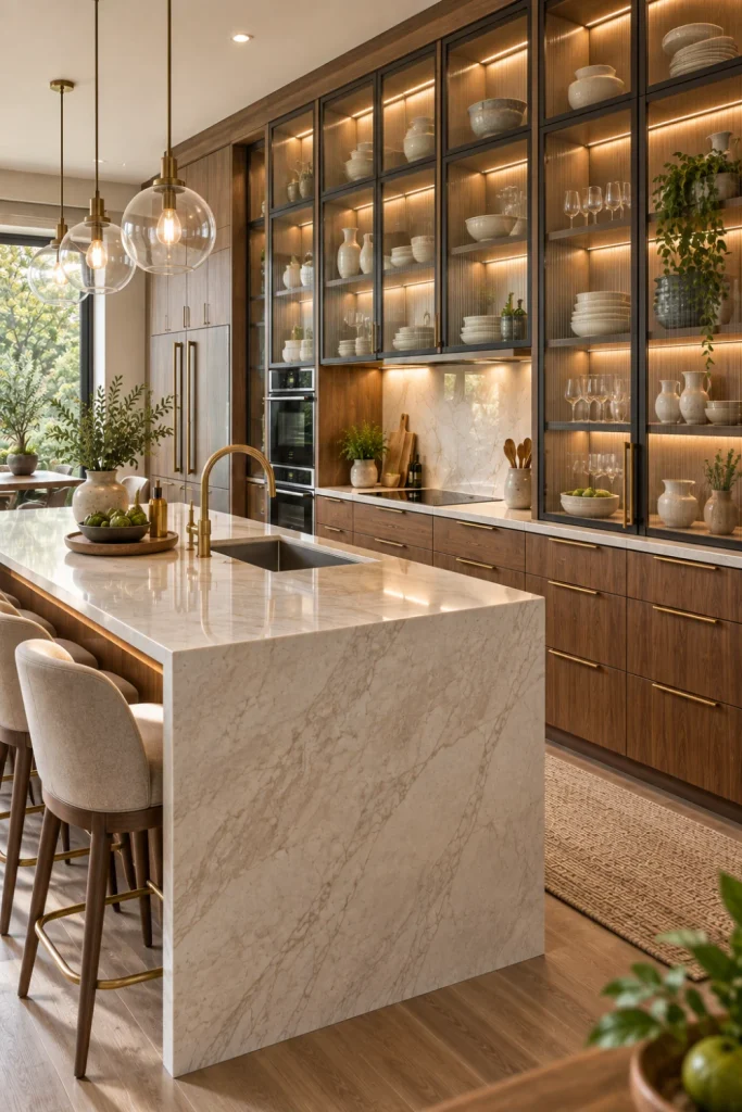Glass-front modern kitchen storage cabinets displaying elegant ceramics and glassware in a bright, luxury, contemporary kitchen.