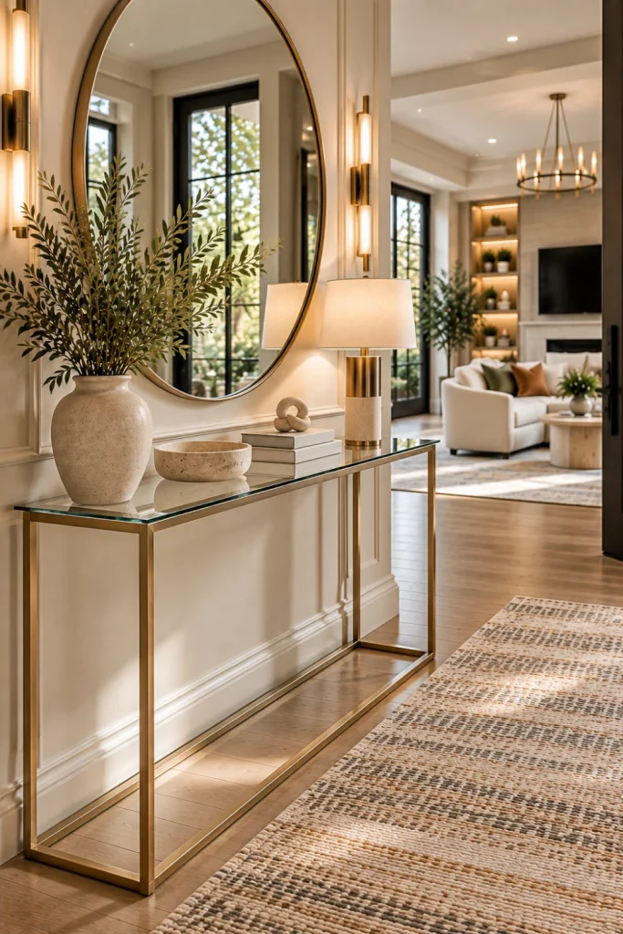 Glass and metal console table creating an airy modern foyer with a slim frame, elegant rug, sculptural decor, oversized mirror, contemporary lighting, and neutral luxury styling.