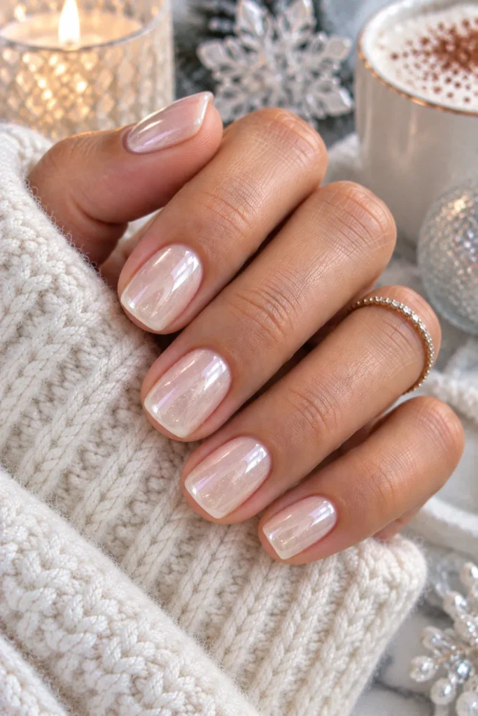 Glazed snowy short nails with a translucent neutral base, pearly finish, luminous winter glow, and modern 2026 styling.